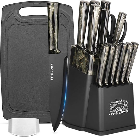 16-Piece Kitchen Knife Block Set with Cutting Board - German Stainless Steel Knives, Built-In Sharpener, Dishwasher Safe, Anti-Slip Handle - All-in-One Cutlery Set for Home/Kitchen