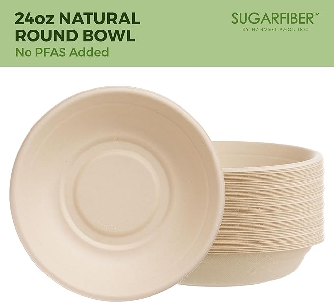 [50 COUNT]Harvest Pack PFAS FREE 24oz Compostable Bowls, Round Paper Bowls Heavy-Duty Eco-Friendly Disposable Bagasse Bowl, sugarcane made plant fibers for Meal Prep