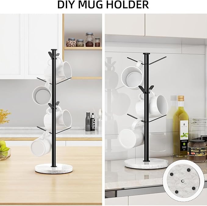Marble Mug Holder Tree, 8 Hooks Coffee Cups Stand, New Upgraded Stable Mug Stand for Kitchen Counter Cabinet Cafe Black