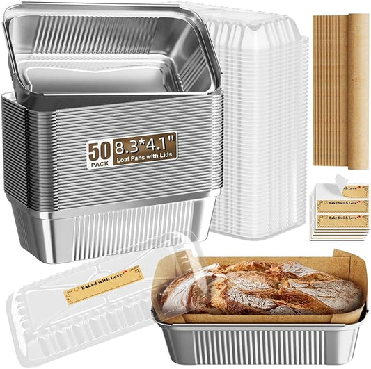 50 Pack Aluminum Loaf Pans with Lids Stickers and Parchment Paper Sheets,2.4Lb Heavy Duty Aluminum Foil Premium Bread Tins - 8.3" X 4.1" X 2.2" Disposable Baking Pans