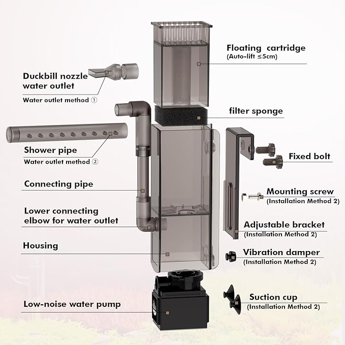 Aquarium Surface Skimmer up to 50 Gallon Aquariums, 132GPH Flow Skimmer with Dual Outlet & Wave Maker Function, 6W
