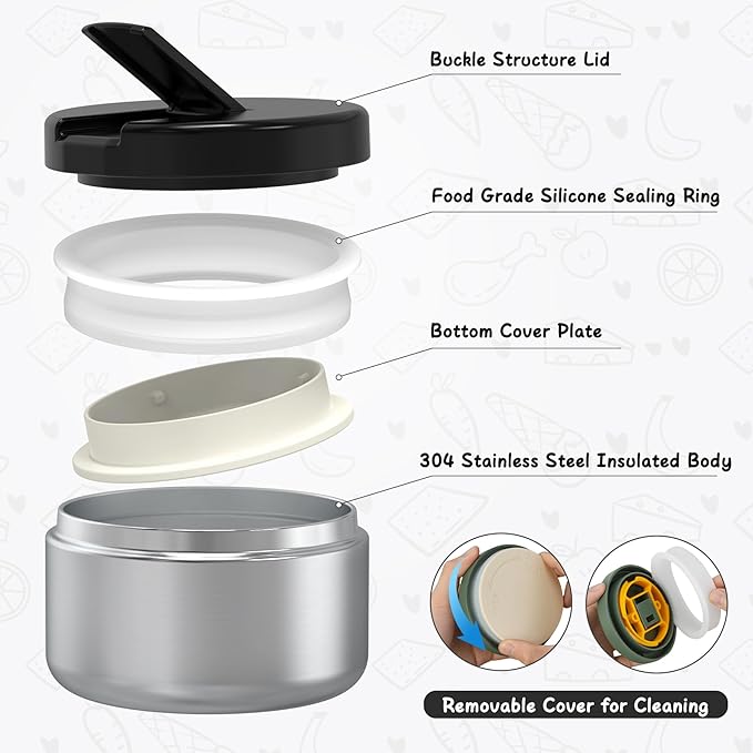 Bento Lunch Box Kids with 8oz Soup Thermo, Leak-Proof Lunch Containers with 4 Compartment, Thermo Hot Food Jar and Insulated Lunch Box for School Black