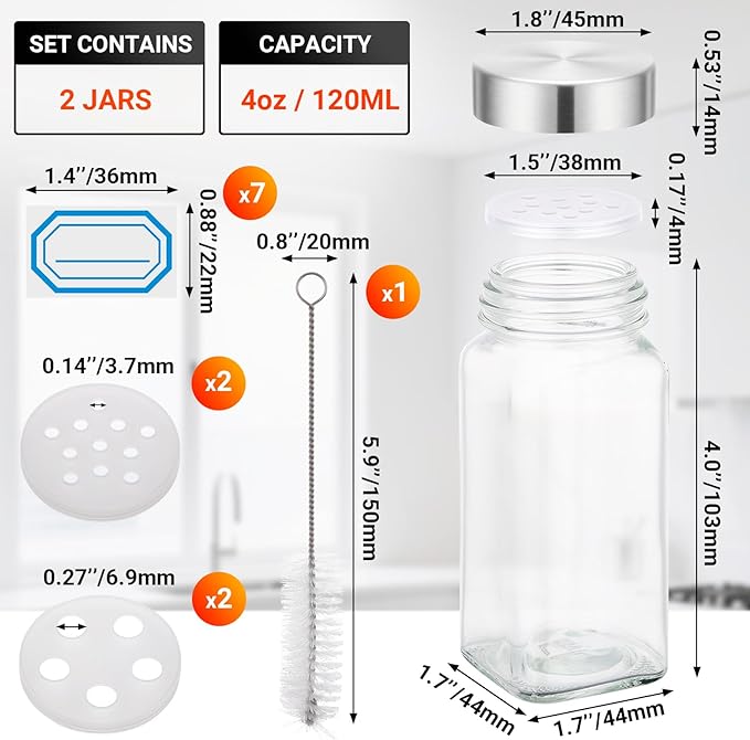 Segarty 4oz Glass Spices Jars with Stainless Steel Shaker Lids, 2 Pack 120ml Spice Containers, Square Empty Seasoning Organizers for Spices Storage, Small Salt and Pepper Shakers, 7 Stickers, 1 Brush