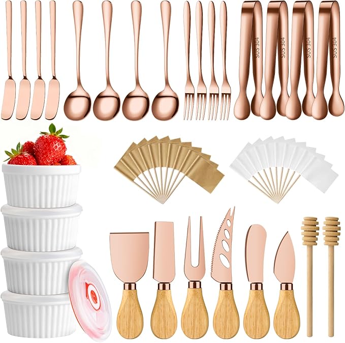 Charcuterie Boards Accessories Bowls, Cheese Knife Set Mini Butter Spreader, Serving Tong, Fork, Spoon, Dipping Bowls with Lids, Toothpick Flags, Honey Dippers For Party Platter Making (RoseGold)