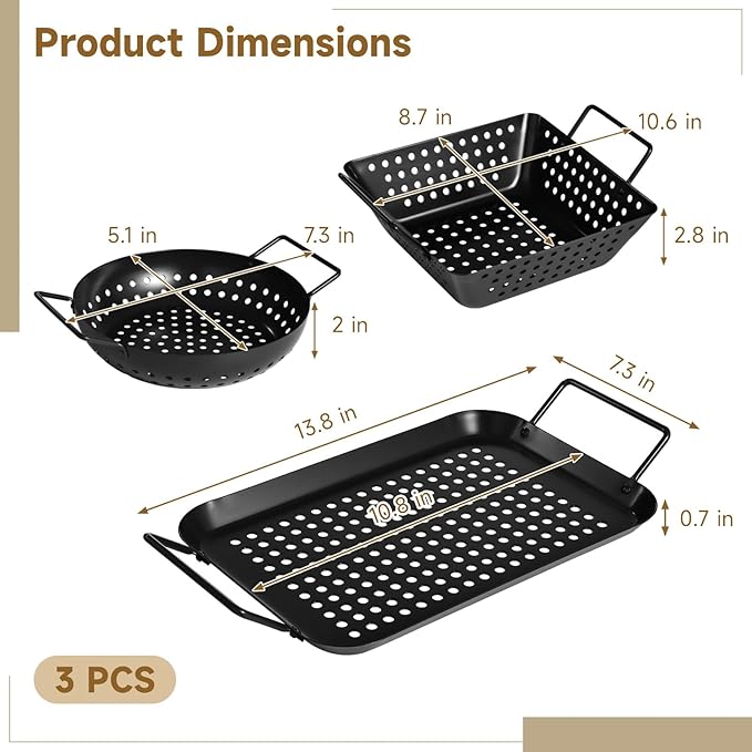 Grill Baskets, Heavy Duty BBQ Grilling Baskets 3PCS Outdoor for Vegetables Meat Seafood, Non-Stick Perforated Grill Pans Tray for Charcoal Grills Grilling Accessories