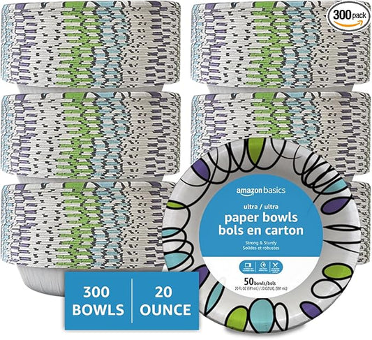Amazon Basics Ultra Disposable Paper Bowls, 20 Oz, Microwave Safe, Soak Proof, Strong & Sturdy, White, 300 Count (6 Packs of 50)