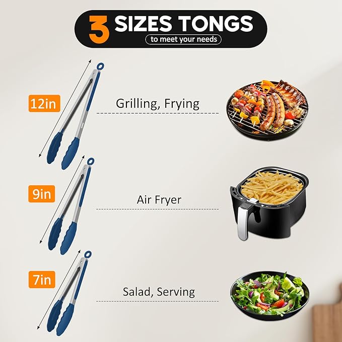 Kitchen Tongs, Stainless Steel Cooking Tongs with Silicone Tips, 600ºF High Heat-Resistant Non Scratch Locking Tongs for Cooking BBQ Grilling Air Fryer Pans, Set of 2 (7" 9" and 12") Navy Blue