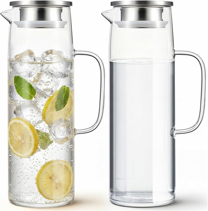 Hsei 2 Sets Glass Pitcher with Lid, 50 oz / 1500 ml Water Carafe with Handles Hot Cold Beverage Water Jar Glass Jug for Tea Juice Milk Coffee Iced Beverage