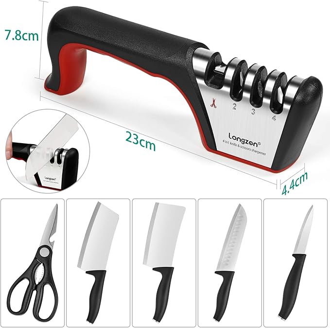 Longzon 4-in-1 Knife Sharpener [4 Stage] with a Pair of Cut-Resistant Glove, Original Premium Polish Blades, Best Kitchen Knife Sharpener Really Works for Fruit and Steel Knives, Scissors-Black+Red