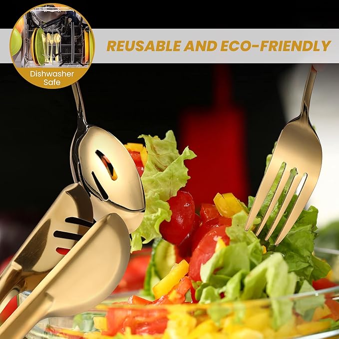 Patelai 8 Pcs Gold Stainless Steel Serving Utensils Set 8.7" Large Spoons and Slotted Spoon 9.45" Tong 9" Forks Flatware Wedding Valentine's Day Holiday Party Buffet Banquet Cooking Kitchen Catering