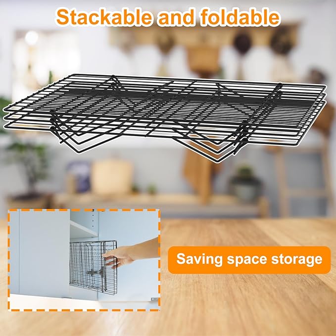 3-Tier Stackable Cooling Rack 13.4x9.4 Collapsible Baking Rack with Non-Stick Coating, Rustproof Heavy Duty Iron Wire Racks for Cooling, Baking, Grilling, Oven & Dishwasher Safe