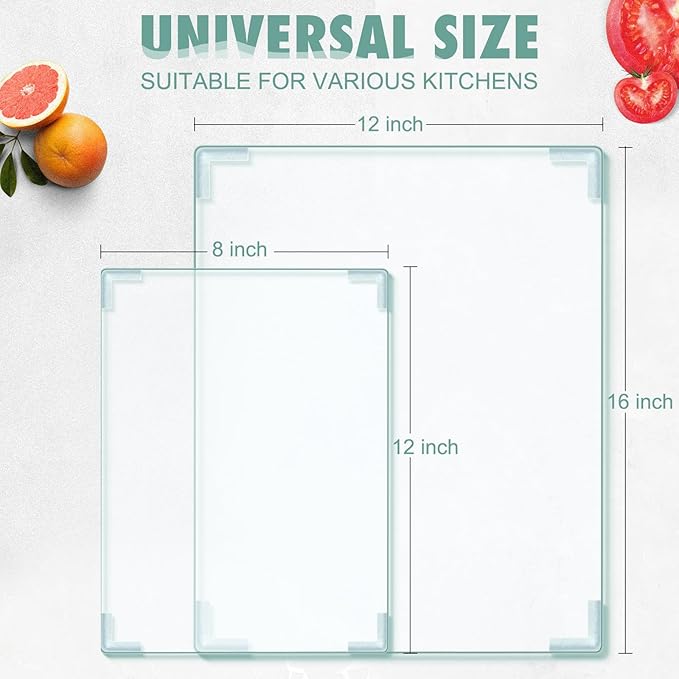 2Pcs Tempered Glass Cutting Board for Kitchen Counter, FAAYUCK Glass Cutting Board with Non-Slip Feet, Heat Resistant, Non-Slip, Scratch Resistant, Shatter Resistant (8"x12"&12"x16")