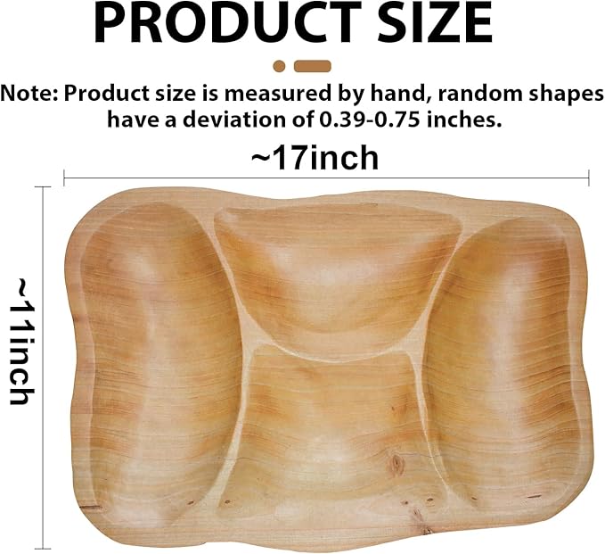 Natural Wood 4-Compartment Divided Fruit Tray, Live Edge Handmade Serving Platter for Snacks, Sandwiches, Appetizers, Unique Hand-Carved Rustic Design