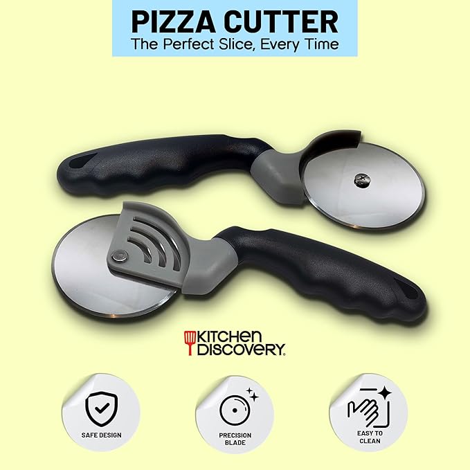 Stainless Steel Pizza Cutter – Kitchen Discovery – Pizza Wheel Cutter Slices Cleanly Through Gooey Cheese, Thick Toppings and Crispy Crust – Built In Safety Features Protect Hands