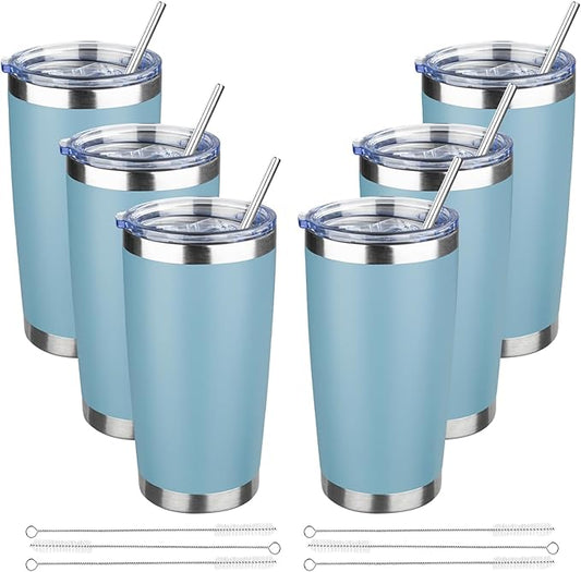 20 oz Tumbler with Lids and Straws, Stainless Steel Insulated Travel Coffee Mug, Double Wall Vacuum Insulated Tumblers, Powder Coated Coffee Tumbler for Cold & Hot Drinks (Maya Blue, 6 Pack)