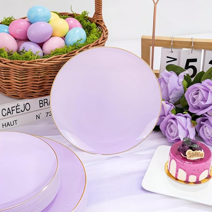 PULOTE 100PCS Purple Plastic Plates Disposable - Include 50 Dinner / 50 Dessert Plates Heavy Duty for Party, Wedding&Easter