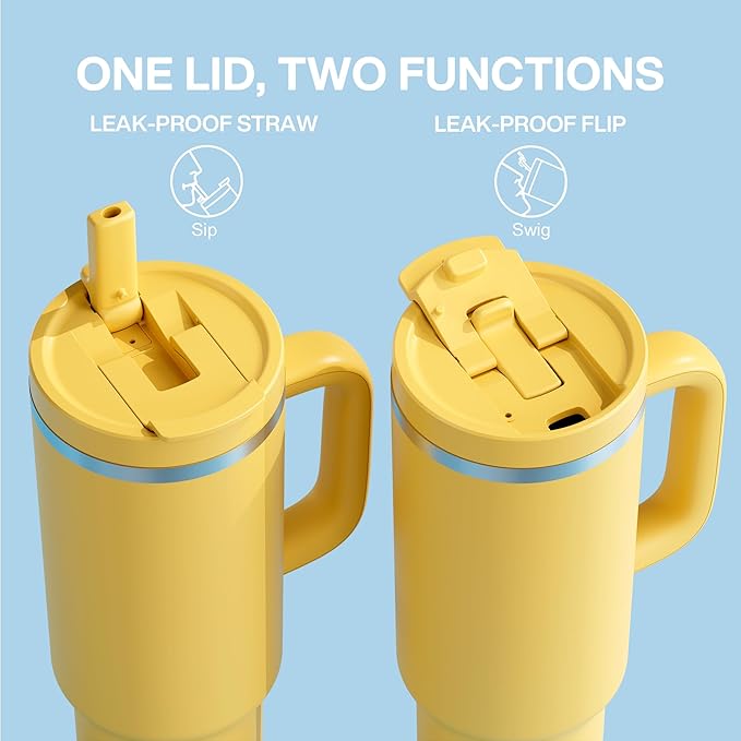 ENCOOL 40 oz Tumbler with Handle and Straw: Stainless Steel Insulated Tumbler Keeps Cold for 24 Hours, Leakproof Travel Cup Fits in Cup Holder and BPA-Free,Elfin Yellow