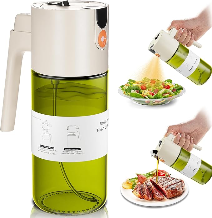 Upgrade 2 in 1 Oil Sprayer for Cooking, 17oz Light-Blocking Glass Olive Oil Dispenser Bottle for Kitchen,Food-Grade Oil Mister with 8 Stickers for Salad, Frying (Green Bottle-White Gap)