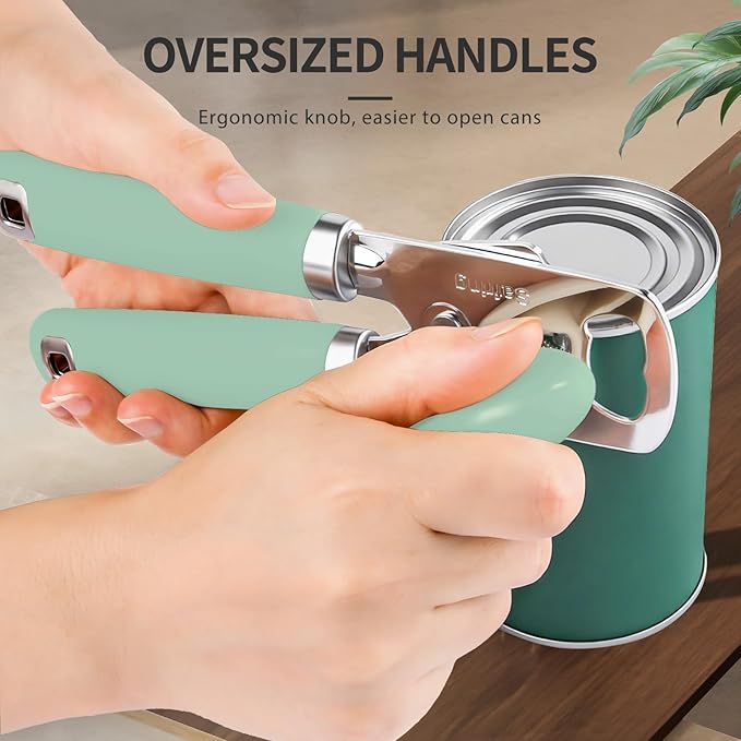 Can Opener Manual, Heavy Duty Stainless Steel Smooth Edge Can Opener With Soft Touch Handle, Oversized Handheld Easy Turn Knob, Multi-Function Bottle Opener, Mint
