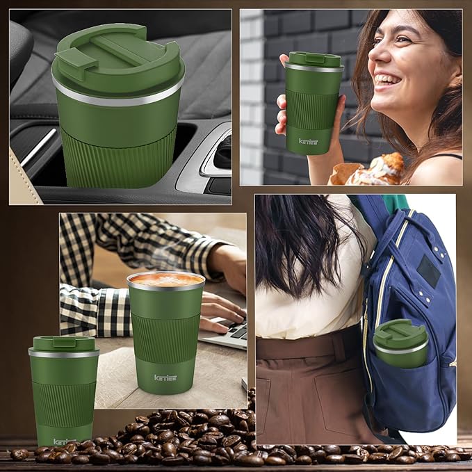 KETIEE Travel Coffee Mug 12oz: Vacuum Insulated Coffee Cup with Leakproof Lid, Coffee Tumbler, Reusable Coffee Cups, Double Wall Stainless Steel Coffee Mug to Go for Hot/Iced Water Tea (Green)