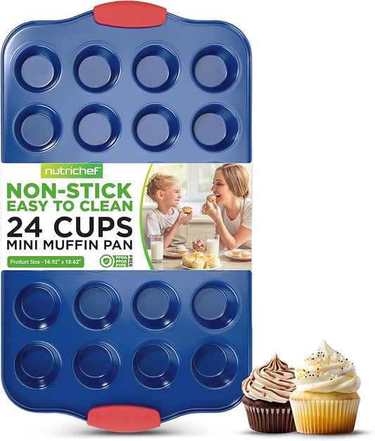 NutriChef 17” Nonstick Mini Muffin Pan - Premium Carbon Steel 24 Cup Baking Tray w/ Red Silicone Handles, Easy to Clean Mini Cupcake Bakewear - Dishwasher Safe, Blue