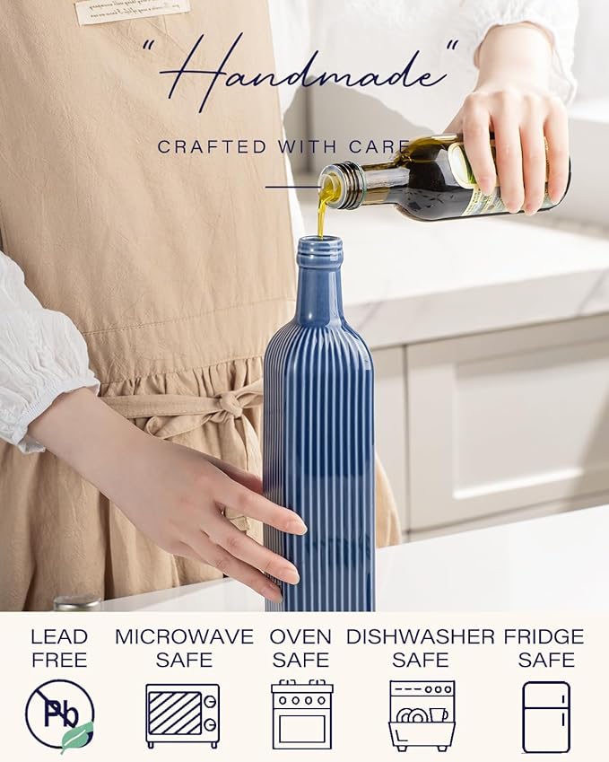 getstar 18 oz Olive Oil Dispenser Bottle for Kitchen, Ceramic Oil Bottle with Automatic Stainless Steel Pourer (Silver Pourer, Blue)