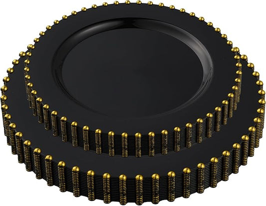 PLASTICPRO 32 Piece Combo Plastic Dinner Plates Disposable Plastic Fancy Heavy Duty Party Dishes 7 inch and 10 inch, Black and Gold Beaded