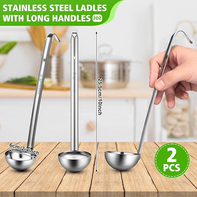10 Pcs Stainless Steel Soup Ladle Set Small Ladle Sturdy Long Handle Portion Control Serving Spoons for Cooking Sauce Gravy Stirring & Kitchen Home Use(2 oz)