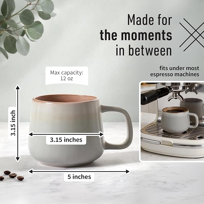 Ceramic Coffee Mugs Set of 4 | 12 oz Stoneware Coffee Cups | Lead-Free, Non-Toxic | Microwave and Dishwasher Safe | Comfortable Handle | Aesthetic Nordic Design for Tea and Latte | Sage Ash