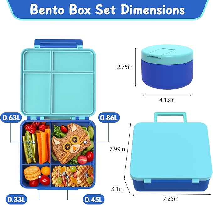 Bento Lunch Box Kids with 8oz Soup Thermo, Leak-Proof Lunch Containers with 4 Compartment, Thermo Hot Food Jar and Insulated Lunch Box for School Blue