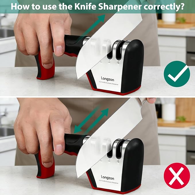 Longzon 4-in-1 Knife Sharpener [4 Stage] with a Pair of Cut-Resistant Glove, Original Premium Polish Blades, Best Kitchen Knife Sharpener Really Works for Fruit and Steel Knives, Scissors-Black+Red