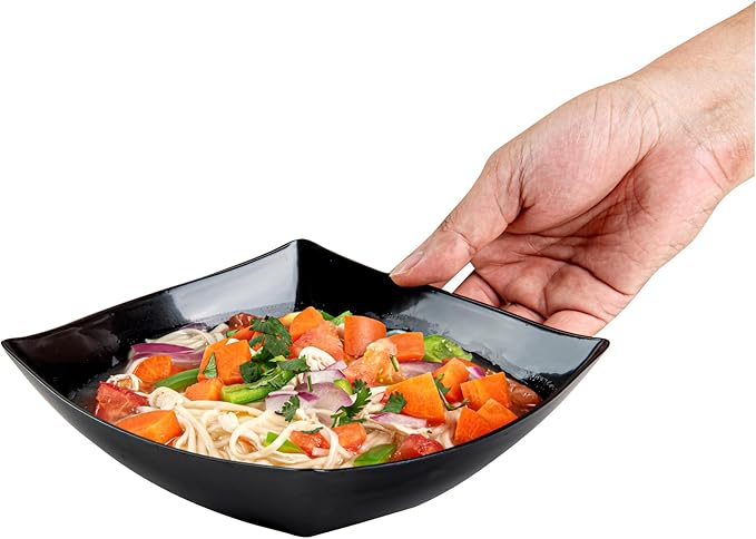 Restaurantware Moderna 32 Ounce Fancy Plastic Bowls 10 Square Disposable Salad Bowls - Durable Heavy-duty Black Plastic Bowls For Warm And Cold Foods
