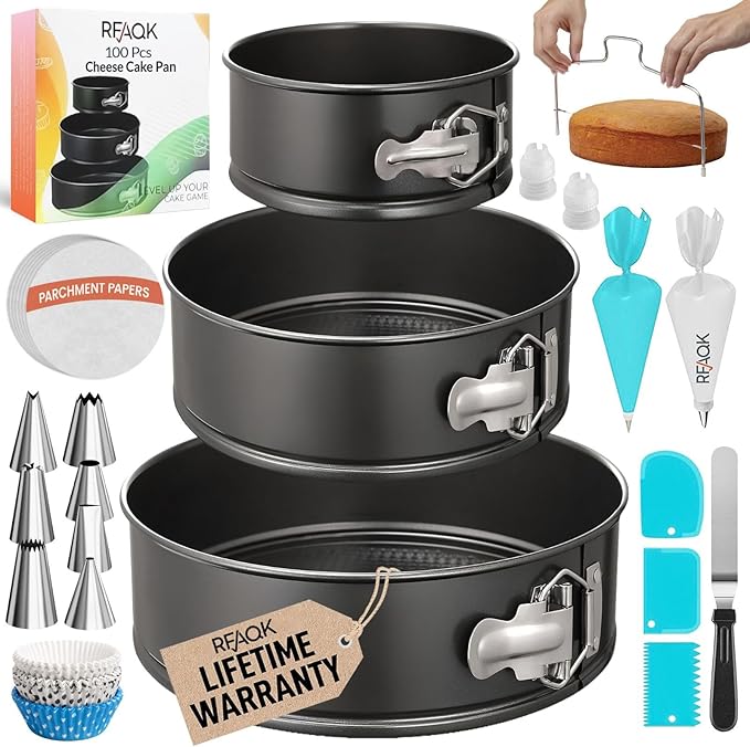 RFAQK 100pcs Cake Pan Sets for Baking + Cake Decorating Supplies: 3 Non-Stick Springform Pans Set (4, 7, 9 inches), Icing Tips, Cake Leveler – Multi-functional Leak-Proof CheeseCake Pan & eBook
