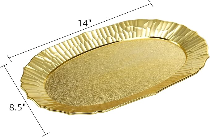 AVLA 6 Pack Plastic Serving Tray, Gold Serving Platter Set, Reusable Party Snack Serving Tray, Decorative Food Appetizer Platters for Dessert Table, Cupcake, Charcuterie, Cookies, 14" x 8.5"