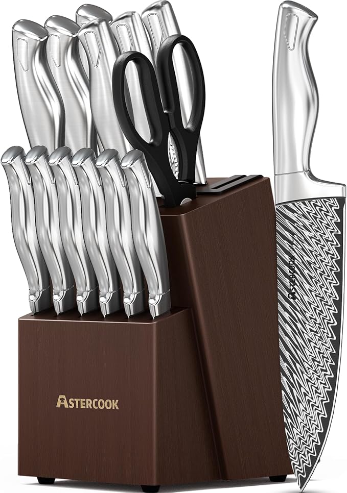 Knife Set, Astercook 15 Pieces Kitchen Knife Set with Built-in Sharpener, German Stainless Steel Knife Block Set, Razor-Sharp Knives with Full-tang Handle, Dishwasher Safe, Valentine's Gift