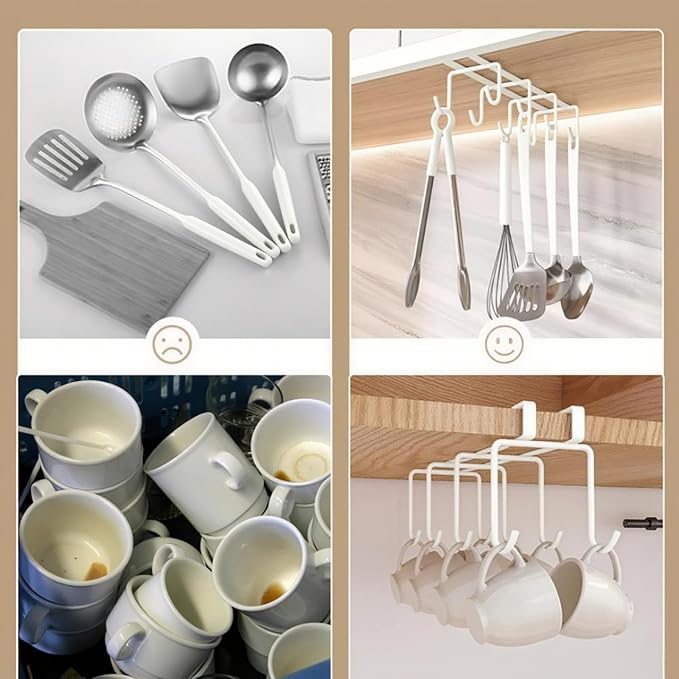 Mug Holder Under Cabinet,2pcs Coffee Mug Organizer for Kitchen,Fit for 0.8 Inch Thickness Shelf or Less,Nail Free Adhesive Coffee Cups Holder Hanger for Cups/Kitchen Utensils/Keys Storage (White)