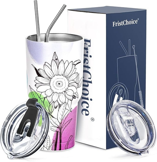 30 oz Tumbler with Lids and Straws Double Wall Insulated Tumbler Cup,Stainless Steel Leak-proof Thermal Coffee Tumbler Powder Coated Travel Mug for Cold and Hot Beverages,Sunflower
