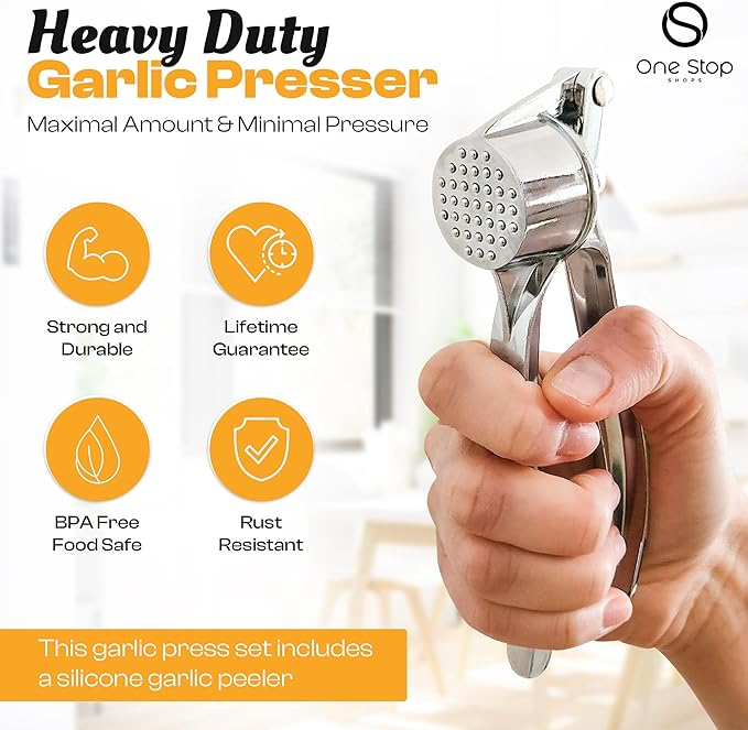 Garlic Press Premium 3 Piece Set - Dishwasher Safe Professional Mincer with Soft Ergonomic Handle, Silicone Peeler, and Cleaning Brush