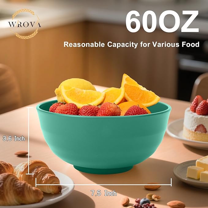 Wrova Wheat Straw Bowls 60oz, Unbreakable Large Cereal Bowls Set of 6, Plastic Bowls Reusable Salad Soup Bowls Microwave Safe, Big Bowl for Kitchen and Apartment, Large Bowls for Eating- Green
