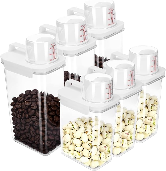 6 Pcs Rice Airtight Storage Container, Rice Container with Measuring Cup & Pour Spout, BPA Free Clear Plastic Kitchen and Pantry Organization Bin for Grain, Flour, Sugar, Oatmeal, Dry Pet Food