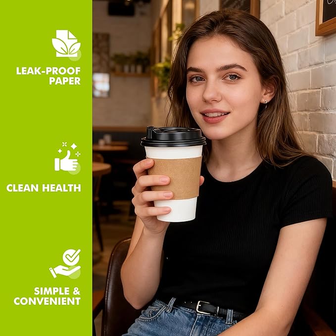 12 oz 50 Pack Disposable Paper Coffee Cups with Lids, Sleeves and Straws, Disposable Hot Cups for Coffee, Tea, Cocoa, Water