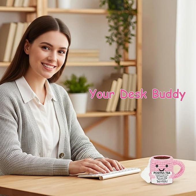 Cute Birthday Gifts for Women, Positive Handmade Crochet Pink Tea Cup Desk Decor–Tea Lovers Funny Unique Emotional Small Gift for Best Friends Girlfriend Wife Mom Coworkers Thank You Valentines Day