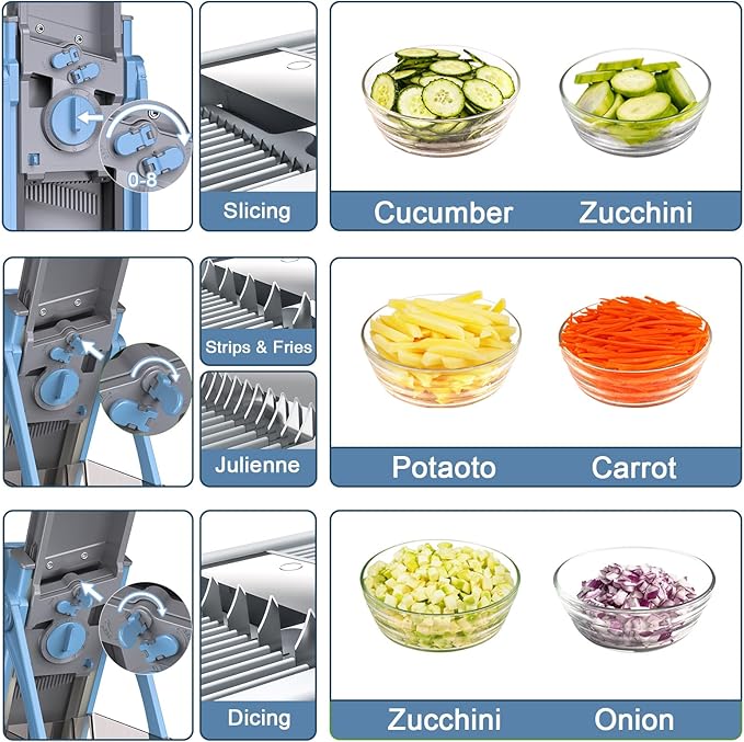 All-in-1 Update Safe Mandoline Slicer for Kitchen, Food Chopper with Container, Thickness Adjustable Vegetable Chopper, Potato French Fry Cutter Tomato Apple Slicer Onion (Blue)