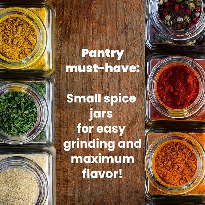Pride Of India 4 oz Glass Spice Jars with Grinder – Pack of 6 | Clear Square Spice Shaker Set with Adjustable Grinder Cap | Small Jars with Lids for Salt, Pepper, Herbs & Seasoning Storage