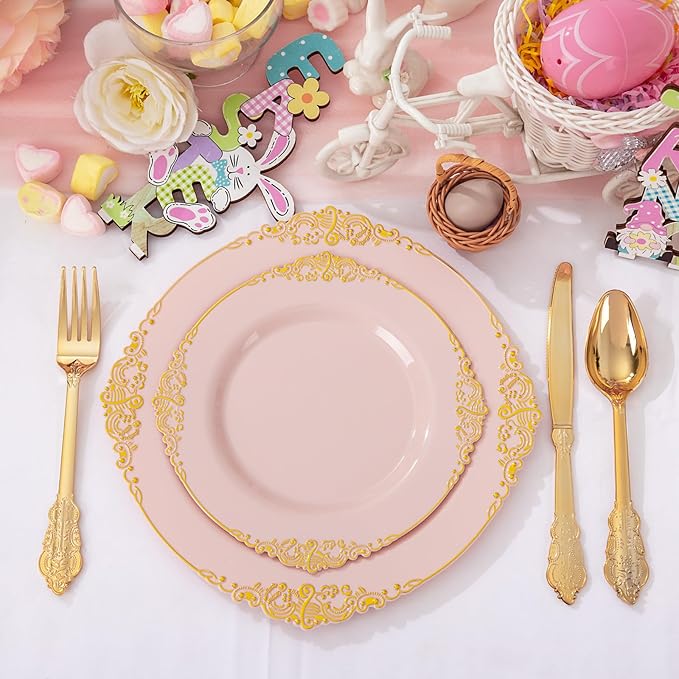 102PCS Pink Plastic Plates - Pink and Gold Plate - Heavyweight Disposable Plate with Gold Rim - Fancy Dinner & Dessert Plates for 51 Guests Weddings & Parties