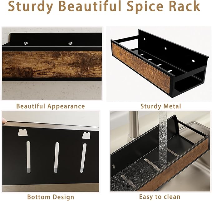 Spice Rack Wall Mount 3 Pack, Space-Saving Seasoning Organizer,Screw or Adhesive Hanging Spice Rack Organizer for Kitchen Cabinet and Wall (Engineered Wooden)