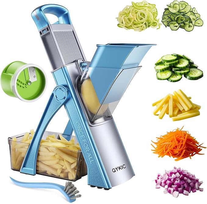 Upgrade Safe Mandoline Slicer With Spiralizer for Kitchen, Vegetable Chopper Food Cutter, Potato Slicer Thickness Adjuster, French Fry Cutter, Veggie Dicer Faster for Meal Prep Blue