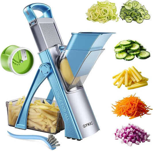 Upgrade Safe Mandoline Slicer With Spiralizer for Kitchen, Vegetable Chopper Food Cutter, Potato Slicer Thickness Adjuster, French Fry Cutter, Veggie Dicer Faster for Meal Prep Blue