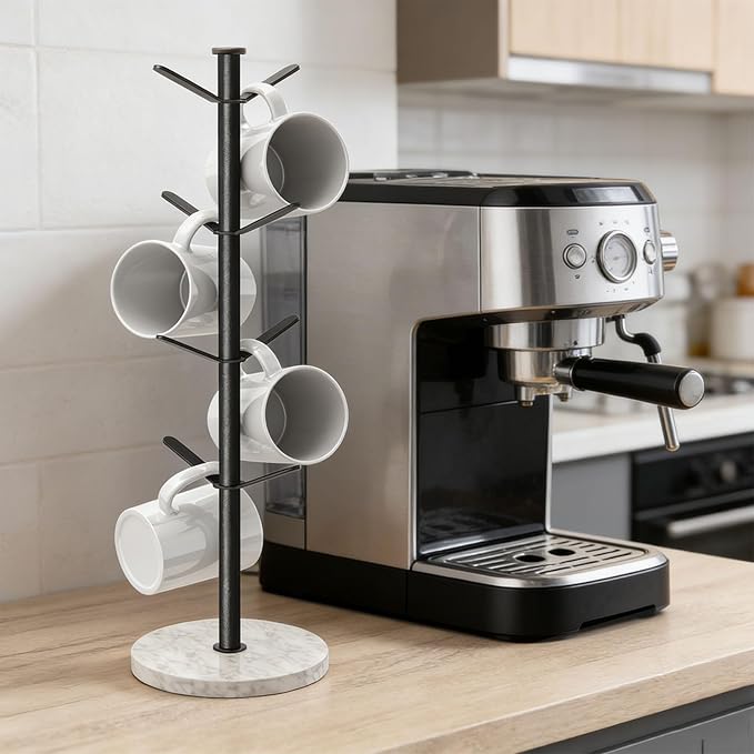 Marble Mug Holder Tree, 8 Hooks Coffee Cups Stand, New Upgraded Stable Mug Stand for Kitchen Counter Cabinet Cafe Black
