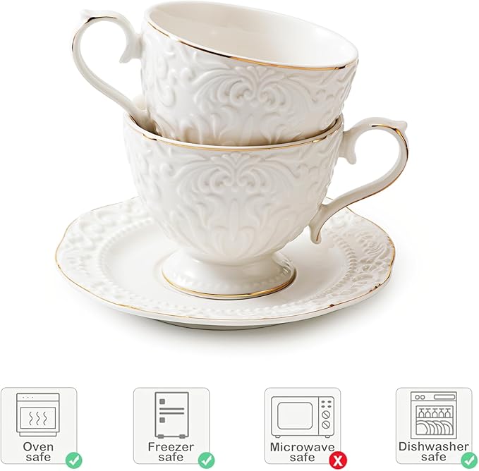 Cups and Saucers Tea Cups Set of 2, Ceramic Coffee Cups with Floral Embossed Design, 200ml (7 oz) Tea Cups and Saucers Porcelain Mugs for Birthday Party Cafe Home Gift